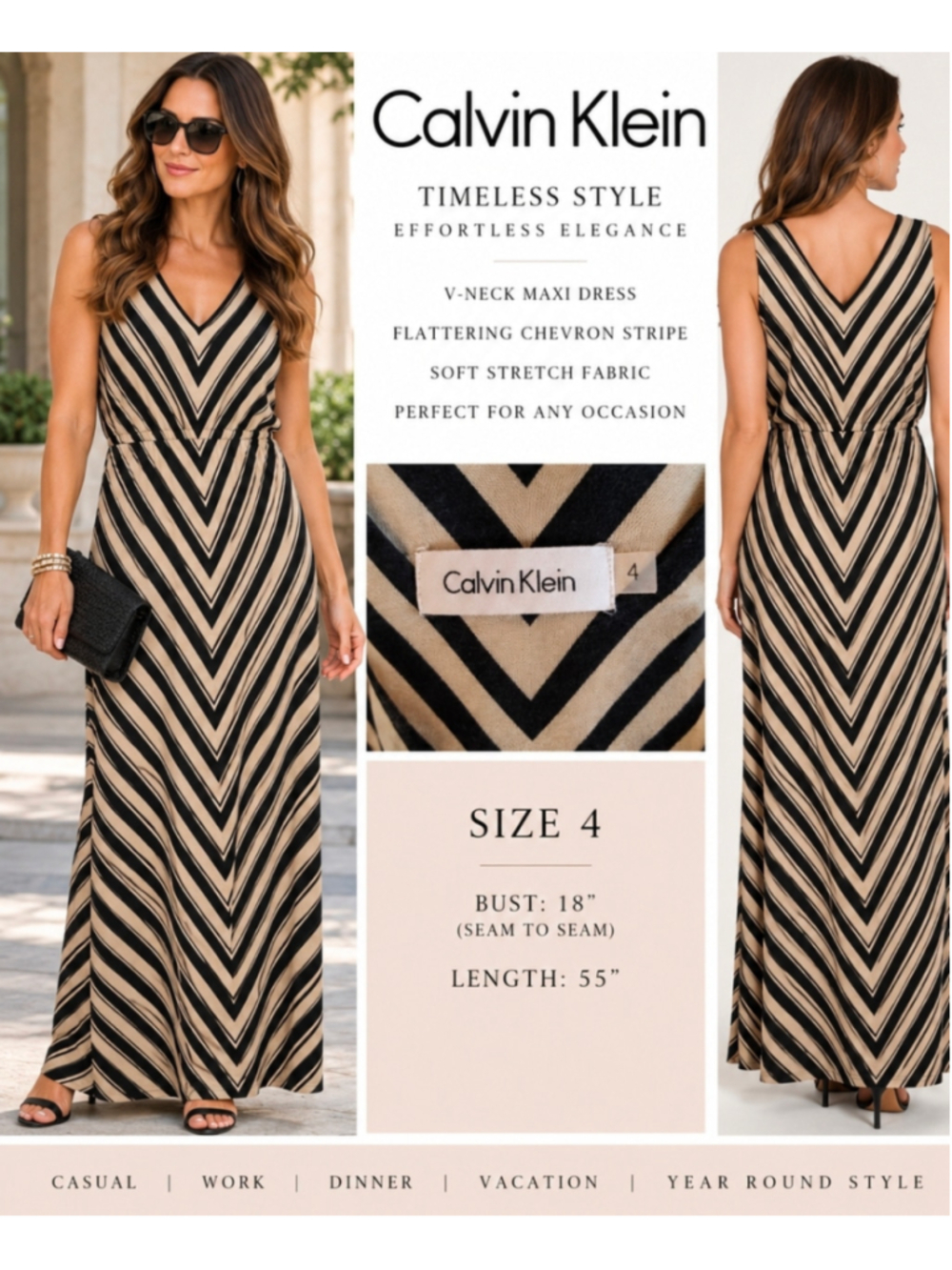 Wom


Calvin Klein Maxi Dress Size 4 Beige Black Chevron Stripe V-Neck
